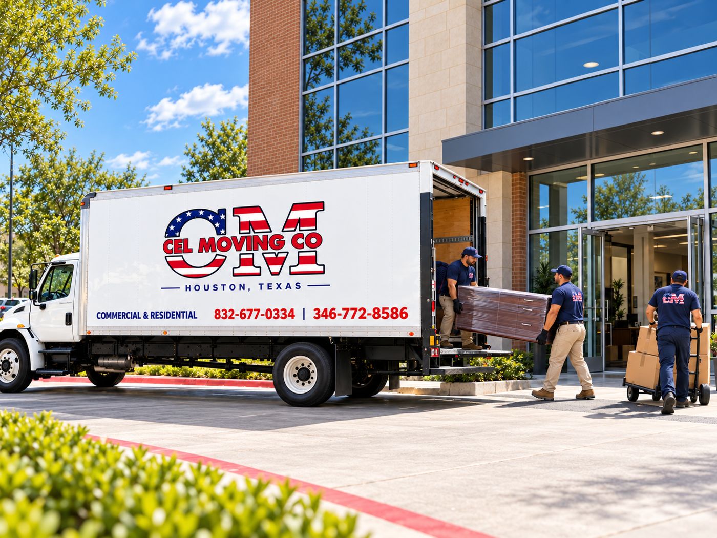 Cel Moving Co. crew unloading office furniture at an office building