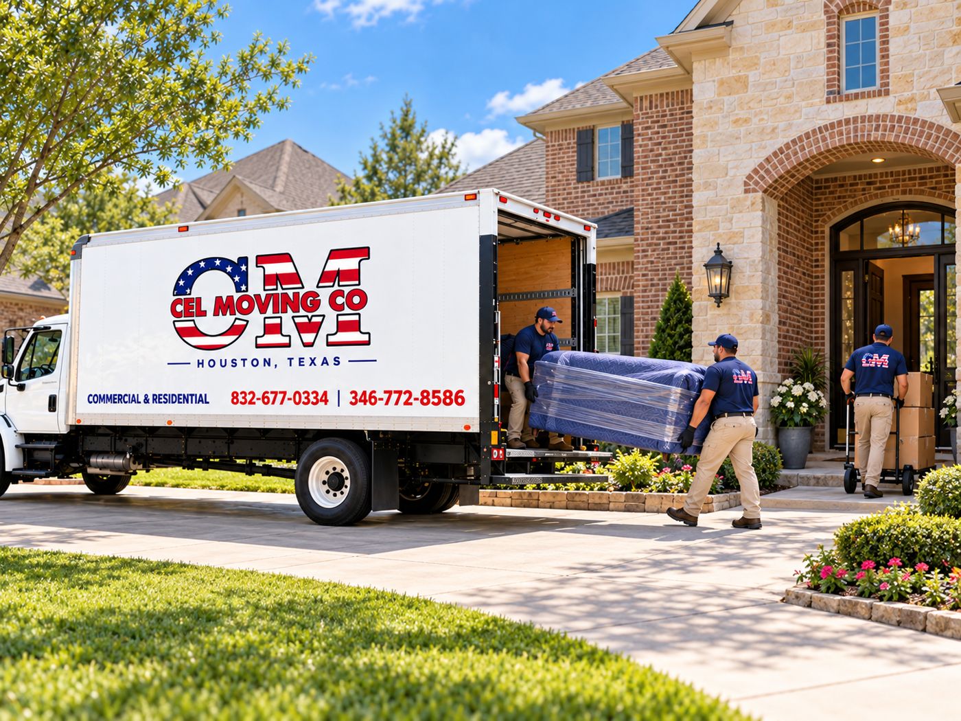 Cel Moving Co. crew carrying a wrapped sofa into a Houston home